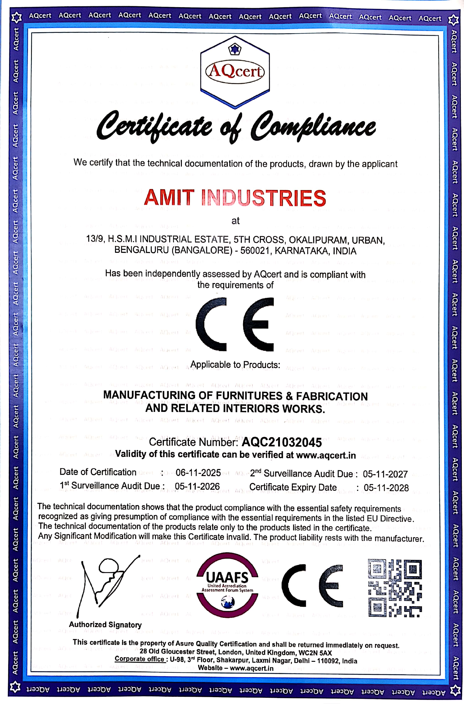 CE Compliance Certificate — Amit Industries