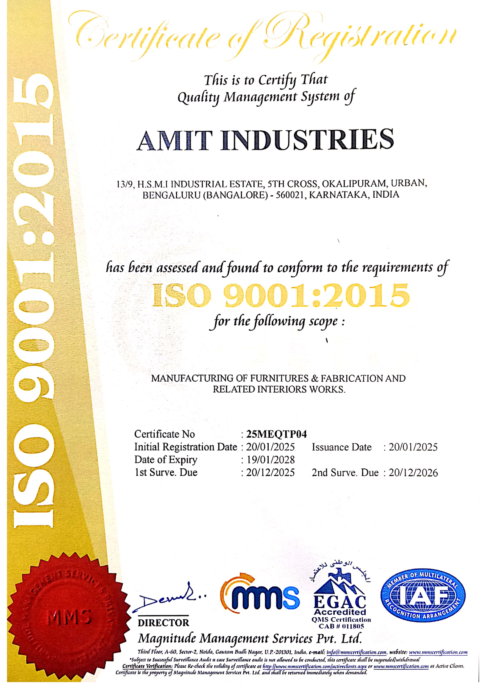 ISO 9001:2015 Certificate — Amit Industries