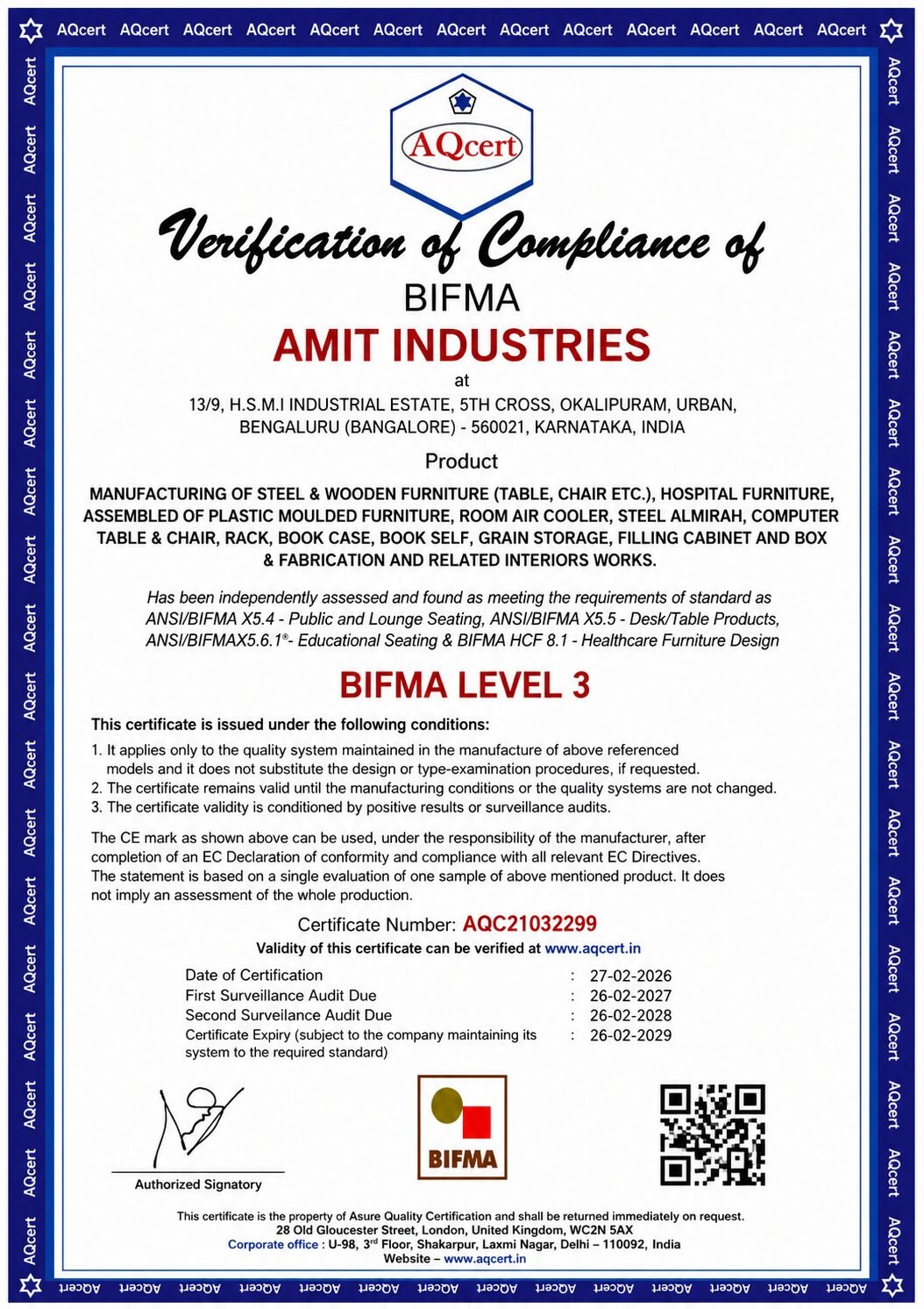 BIFMA Level 3 Certificate — Amit Industries