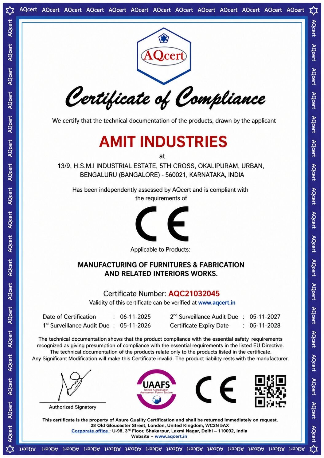 CE Compliance Certificate — Amit Industries