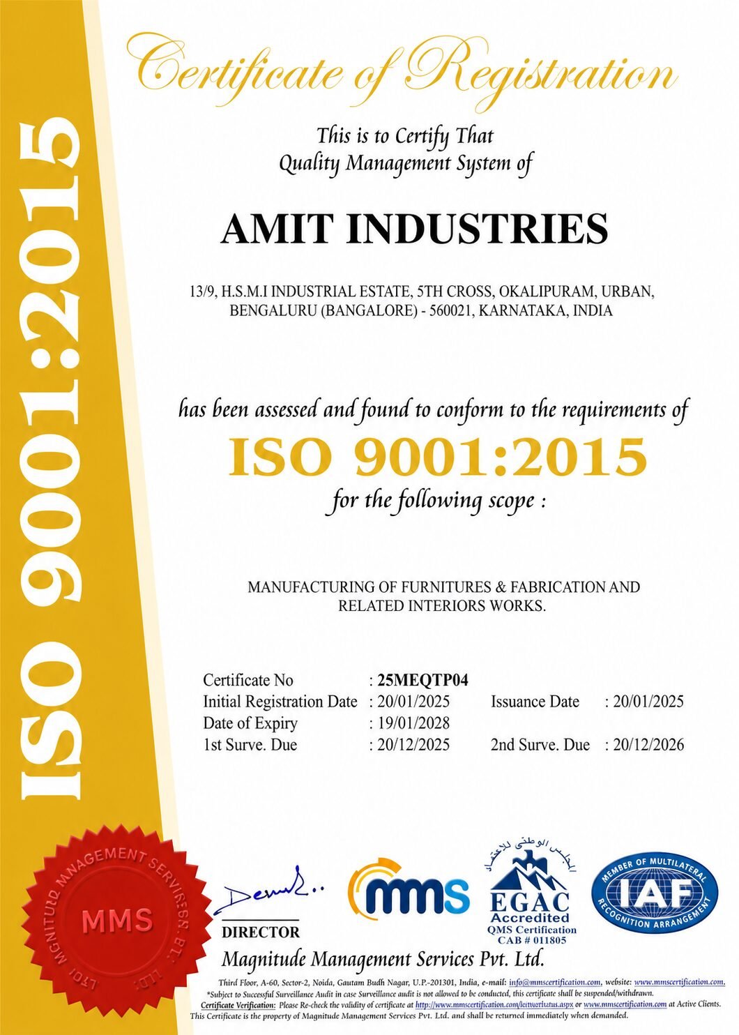ISO 9001:2015 Certificate — Amit Industries